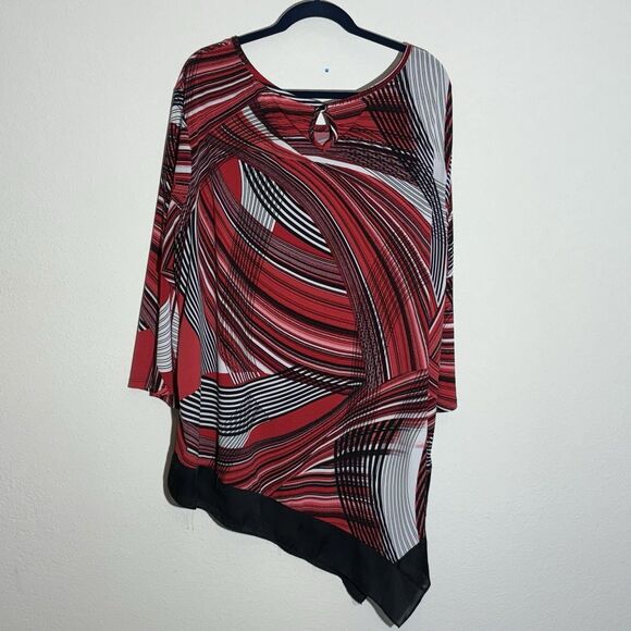 Cato Blouse Womens 26/28W Red Geometric Asymmetrical-Hem Tunic Stretch Knit - Picture 2 of 7